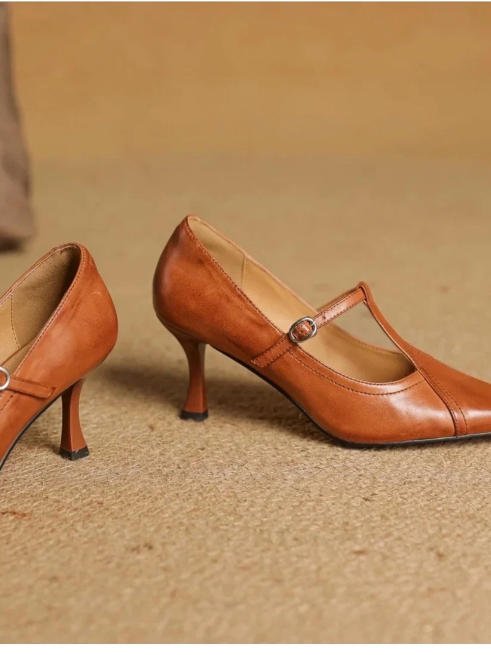 Handmade T-Strap Pointed Toe Heels in Brown - Picture 12 of 13